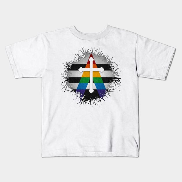 Paint Splatter LGBT Ally Pride Christian Cross Symbol Kids T-Shirt by LiveLoudGraphics
